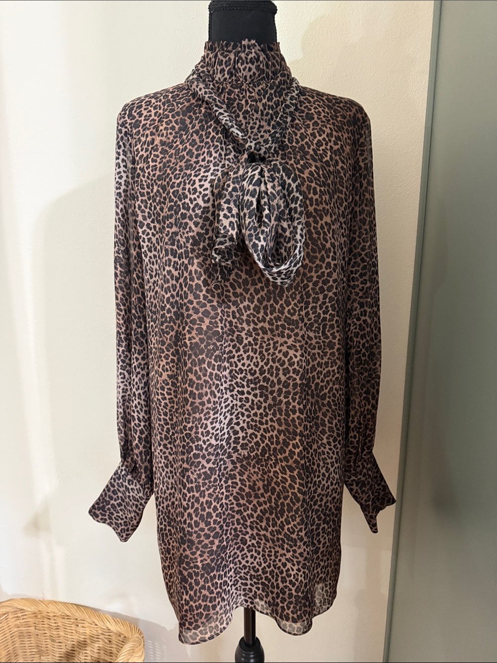 Frame Leopard Print Long-Sleeve Tie-Neck Dress - Brown NWT
